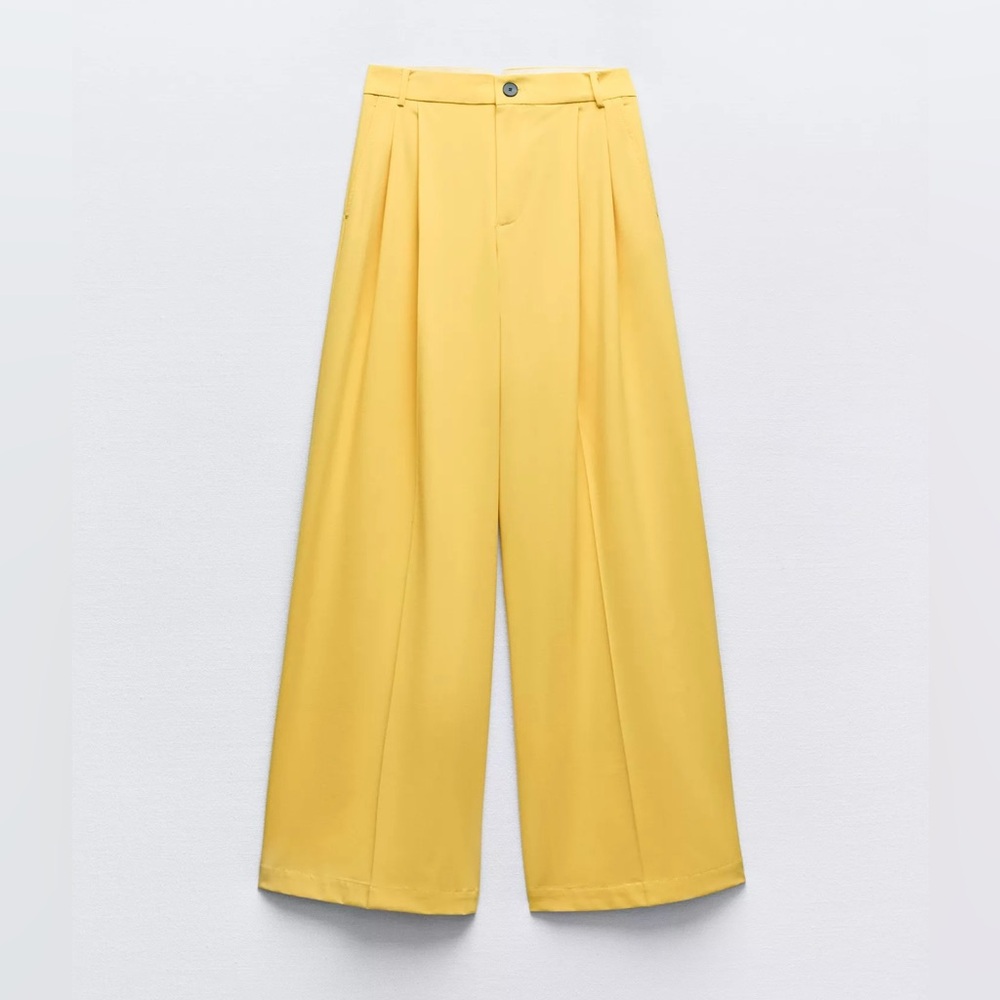 Zara Yellow Wide-Leg Pleated Trousers